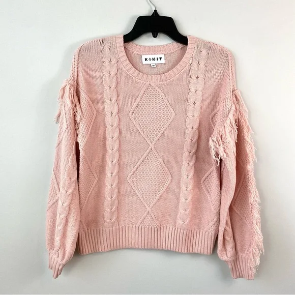 Kikit Cable Knit Fringe Sweater Pink M - Picture 3 of 9